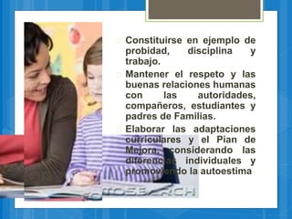  Constituirse en ejemplo de
probidad, disciplina y
trabajo.
 Mantener el respeto y las
buenas relaciones humanas
con las autoridades,
compañeros, estudiantes y
padres de Familias.
 Elaborar las adaptaciones
curriculares y el Pian de
Mejora, considerando las
diferencias individuales y
promoviendo la autoestima
 