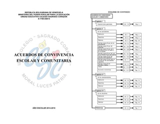 REPÚBLICA BOLIVARIANA DE VENEZUELA
MINISTERIO DEL PODER POPULAR PARA LA EDUCACIÓN
UNIDAD EDUCATIVA COLEGIO SAGRADO CORAZÓN
S-1790-D0814
ACUERDOS DE CONVIVENCIA
ESCOLAR Y COMUNITARIA
AÑO ESCOLAR 2014-2015
 