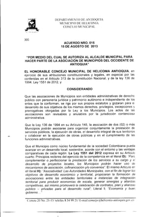 Acuerdos municipales nro. 015 y 016 de agosto de 2013