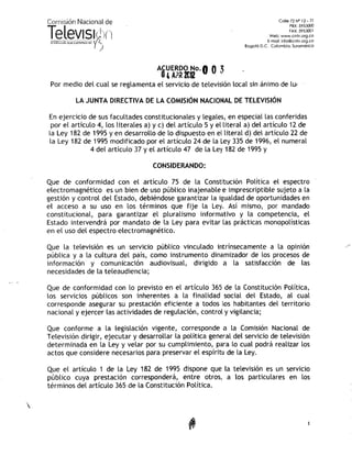 COLOMBIA: Acuerdo sobre televisión local sin fines de lucro - 003, 2012
