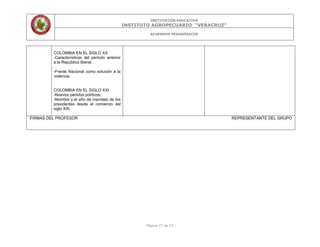 INSTITUCIÓN EDUCATIVA
INSTITUTO AGROPECUARIO “VERACRUZ”
ACUERDOS PEDAGÓGICOS
Página 27 de 53
COLOMBIA EN EL SIGLO XX
-Características del período anterior
a la República liberal.
-Frente Nacional como solución a la
violencia.
COLOMBIA EN EL SIGLO XXI
-Nuevos partidos políticos.
-Nombre y el año de mandato de los
presidentes desde el comienzo del
siglo XXI.
FIRMAS DEL PROFESOR REPRESENTANTE DEL GRUPO
 