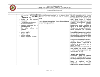 INSTITUCIÓN EDUCATIVA
INSTITUTO AGROPECUARIO “VERACRUZ”
ACUERDOS PEDAGÓGICOS
Página 30 de 53
de América. (INVERSIÓN
DE VALORES
AMBIENTALES)
- Origen del ser humano
americano.
- Teoría del origen asiático.
- La historia americana.
- Periodos culturales de la
época indígena.
- Las altas culturas de
América.
- Culturas mayas.
- Cultura azteca.
- Cultura inca.
- Cultura muisca.
- Grupos indígenas actuales.
Diferencia las características de los pueblos Maya
Azteca e Inca, con respecto a su cultura, religión y
otros.
Ubica geográficamente cada cultura Amerindia y sus
características geográficas.
Como la evaluación es un proceso
continuo, los docentes realizan con
los estudiantes al finalizar cada
clase, tema, unidad o período,
actividades como pruebas escritas,
ensayos, conversatorios, diálogos
personales o grupales,
exposiciones, tareas, prácticas de
campo o de taller, ejercicios de
afianzamiento y de profundización,
tareas formativas de aplicación
práctica para desarrollar en la casa,
actividades de aula virtual, contacto
con los padres de familia para
comprometerlos y responsabilizarlos
en el proceso formativo de sus hijos.
Compromisos de los estudiantes:
Cumplir con sus actividades
escolares dentro y fuera de la
institución y presentarlas en el
tiempo asignado.
Demostrar buen comportamiento al
inicio, durante y al terminar la clase
y cuidar los equipos y espacios que
se ponen a su servicio.
Manejo de la disciplina:
El docente llevará un cuaderno
donde se registrarán y se firmarán
las valoraciones comporta mentales
y además un estudiante del grupo
llevará un cuaderno con las
novedades de la clase
especificando fecha, actores, hora y
 