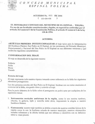 Documento del Acuerdo Municipal del Traje Típico del San Pedro.