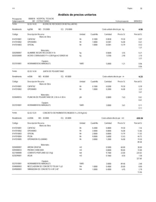 Página :S10 30
0000018Presupuesto HOSPITAL TOCACHE
Análisis de precios unitarios
Fecha presupuesto 30/04/2013001Subpresupuesto ESTRUCTURAS
Partida 02.03.14.03 ACERO DE REFUERZO EN BOTALLANTAS
kg/DIA 210.0000Rendimiento Costo unitario directo por : kg 4.58210.0000EQ.MO.
Unidad Cuadrilla Cantidad Precio S/.Código Descripción Recurso Parcial S/.
Mano de Obra
hh0147010001 0.1000 0.0038 0.0719.30CAPATAZ
hh0147010002 1.0000 0.0381 0.6116.08OPERARIO
hh0147010003 1.0000 0.0381 0.5313.79OFICIAL
1.21
Materiales
kg0202000007 0.0600 0.213.55ALAMBRE NEGRO RECOCIDO # 16
kg0203030000 1.0700 3.102.90ACERO CORRUGADO FY=4,200 Kg/cm2 GRADO 60
3.31
Equipos
%MO0337010001 5.0000 0.061.21HERRAMIENTAS MANUALES
0.06
Partida 02.03.14.04 JUNTA DE POLIURETANO
m/DIA 40.0000Rendimiento Costo unitario directo por : m 4.3340.0000EQ.MO.
Unidad Cuadrilla Cantidad Precio S/.Código Descripción Recurso Parcial S/.
Mano de Obra
hh0147010001 0.1000 0.0200 0.3919.30CAPATAZ
hh0147010002 1.0000 0.2000 3.2216.08OPERARIO
3.61
Materiales
pln0230690016 0.0800 0.617.63PLANCHA DE POLIURETANO DE 2.50 m x1.00 m
0.61
Equipos
%MO0337010001 3.0000 0.113.61HERRAMIENTAS MANUALES
0.11
Partida 02.03.15.01 CONCRETO EN PAVIMENTOS RIGIDOS f'c=210 Kg/cm2
m3/DIA 20.0000Rendimiento Costo unitario directo por : m3 430.5420.0000EQ.MO.
Unidad Cuadrilla Cantidad Precio S/.Código Descripción Recurso Parcial S/.
Mano de Obra
hh0147010001 0.2000 0.0800 1.5419.30CAPATAZ
hh0147010002 2.0000 0.8000 12.8616.08OPERARIO
hh0147010003 2.0000 0.8000 11.0313.79OFICIAL
hh0147010004 9.0000 3.6000 44.7512.43PEON
hh0147010005 3.0000 1.2000 19.3016.08OPERADOR-EQ.LIVIANO
89.48
Materiales
m30204000007 0.5000 30.0060.00ARENA GRUESA
m30205000033 0.8000 72.0090.00PIEDRA CHANCADA
bol0221000000 9.7400 224.0223.00CEMENTO PORTLAND (42.5 Kg)
m30230290001 0.1860 1.588.50AGUA
327.60
Equipos
%MO0337010001 3.0000 2.6889.48HERRAMIENTAS MANUALES
hm0348000003 1.0000 0.4000 8.0020.00MEZCLADORA DE CONCRETO TOLVA 11 p3
hm0349000003 1.0000 0.4000 2.786.95VIBRADORA DE CONCRETO 4 HP 2.40"
13.46
 