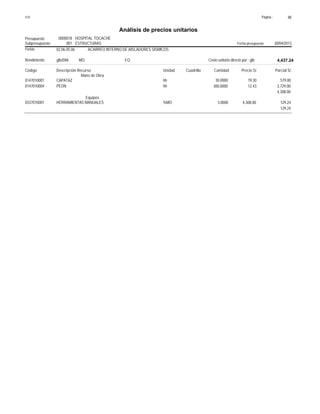 Página :S10 48
0000018Presupuesto HOSPITAL TOCACHE
Análisis de precios unitarios
Fecha presupuesto 30/04/2013001Subpresupuesto ESTRUCTURAS
Partida 02.06.05.06 ACARREO INTERNO DE AISLADORES SISMICOS
glb/DIARendimiento Costo unitario directo por : glb 4,437.24EQ.MO.
Unidad Cuadrilla Cantidad Precio S/.Código Descripción Recurso Parcial S/.
Mano de Obra
hh0147010001 30.0000 579.0019.30CAPATAZ
hh0147010004 300.0000 3,729.0012.43PEON
4,308.00
Equipos
%MO0337010001 3.0000 129.244,308.00HERRAMIENTAS MANUALES
129.24
 