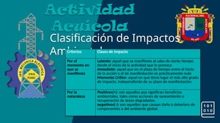 Clasificación de Impactos
Ambientales:
Actividad
Acuícola
Criterios Clases de impacto
Por el
momento en
que se
manifiesta
Latente: aquel que se manifiesta al cabo de cierto tiempo
desde el inicio de la actividad que lo provoca
Inmediato: aquel que en el plazo de tiempo entre el inicio
de la acción y el de manifestación es prácticamente nulo
Momento Crítico: aquel en que tiene lugar el más alto grado
de impacto, independiente de su plazo de manifestación
Por la
naturaleza
Positivos(+): son aquellos que significan beneficios
ambientales, tales como acciones de saneamiento o
recuperación de áreas degradadas.
negativos(-): son aquellos que causan daño o deterioro de
componentes o del ambiente global.
 