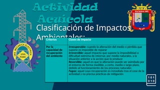 Clasificación de Impactos
Ambientales:
Actividad
Acuícola
Criterios Clases de impacto
Por la
capacidad de
recuperación
del ambiente
Irrecuperable: cuando la alteración del medio o pérdida que
supone es imposible de reparar
Irreversible: aquel impacto que supone la imposibilidad o
dificultad extrema de retornar, por medio naturales, a la
situación anterior a la acción que lo produce
Reversible: aquel en que la alteración puede ser asimilada por
el entorno de forma medible, a corto, medio o largo plazo,
debido al funcionamiento de los procesos naturales
Fugaz: aquel cuya recuperación es inmediata tras el cese de la
actividad y no precisa prácticas de mitigación
 