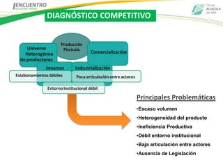 DIAGNÓSTICO COMPETITIVO




                   Principales Problemáticas
                   •Escaso volumen
                   •Heterogeneidad del producto
                   •Ineficiencia Productiva
                   •Débil entorno institucional
                   •Baja articulación entre actores
                   •Ausencia de Legislación
 