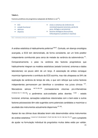21
Tabela 1.
Factores preditivos do prognóstico (adaptado de Maltoni e col 97
).
• ECS
• estado functional
• delirium
• dispneia
• sinais e sintomas do síndrome de
anorexia/caquexia (anorexia, perda de
peso, disfagia e xerostomia)
• factores biológicos (leucocitose,
linfocitopenia e proteína C reactiva)
ECS – estimativa clínica de sobrevivência
A análise estatística é habitualmente preferível 66,67
. Contudo, em doença oncológica
avançada, a ECS tem demonstrado, de forma consistente, ser um forte preditor
independente contribuindo para cerca de metade da variância da sobrevivência 51
.
Comparativamente, o peso na variância dos factores prognósticos que
habitualmente integram os modelos estatísticos (estado funcional, sintomas e dados
laboratoriais) vai pouco além de um terço. A associação de ambos consegue
maximizar ligeiramente o contributo da ECS sozinha, mas não ultrapassa os 54% de
explicação da variância do tempo de vida, o que vem reforçar que outros factores
independentes permanecem por identificar e considerar nos juízos clínicos 127
.
Marcadores séricos 46,73,100,126
(nomeadamente citocinas pro-inflamatórias
37,85,92,104,111,129,132
) e parâmetros auto-avaliados pelos doentes 15,90
- estado
funcional, sintomas, sensações subjectivas relacionadas com o bem-estar e outros
factores psicossociais têm sido sugeridos como potenciais candidatos a maximizar a
acuidade dos instrumentos actualmente disponíveis 97,129
.
Apesar de nas últimas duas décadas terem sido desenvolvidos vários instrumentos
de análise estatística 1,5,6,8,16,17,23,46,56,66,71,75,87,102,106,110,121,138,146,175,177
com o propósito
de ajudar na formulação individual do prognóstico muitos deles estão por validar.
 