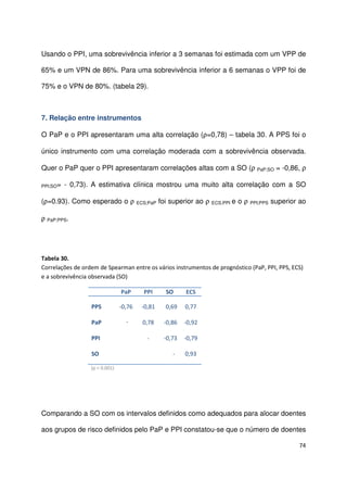 74
Usando o PPI, uma sobrevivência inferior a 3 semanas foi estimada com um VPP de
65% e um VPN de 86%. Para uma sobrevivência inferior a 6 semanas o VPP foi de
75% e o VPN de 80%. (tabela 29).
7. Relação entre instrumentos
O PaP e o PPI apresentaram uma alta correlação (ρ=0,78) – tabela 30. A PPS foi o
único instrumento com uma correlação moderada com a sobrevivência observada.
Quer o PaP quer o PPI apresentaram correlações altas com a SO (ρ PaP;SO = -0,86, ρ
PPI;SO= - 0,73). A estimativa clínica mostrou uma muito alta correlação com a SO
(ρ=0.93). Como esperado o ρ ECS;PaP foi superior ao ρ ECS;PPI e o ρ PPI;PPS superior ao
ρ PaP;PPS.
Tabela 30.
Correlações de ordem de Spearman entre os vários instrumentos de prognóstico (PaP, PPI, PPS, ECS)
e a sobrevivência observada (SO)
PaP PPI SO ECS
PPS
PaP
PPI
SO
-0,76
-
-0,81
0,78
-
0,69
-0,86
-0,73
-
0,77
-0,92
-0,79
0,93
(p < 0.001)
Comparando a SO com os intervalos definidos como adequados para alocar doentes
aos grupos de risco definidos pelo PaP e PPI constatou-se que o número de doentes
 