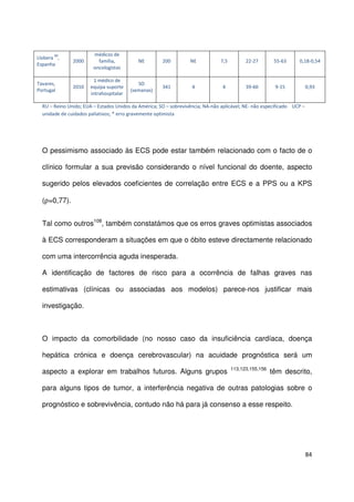 84
Llobera
89
,
Espanha
2000
médicos de
família,
oncologistas
NE 200 NE 7,5 22-27 55-63 0,18-0,54
Tavares,
Portugal
2010
1 médico de
equipa suporte
intrahospitalar
SO
(semanas)
341 4 4 39-60 9-15 0,93
RU – Reino Unido; EUA – Estados Unidos da América; SO – sobrevivência; NA-não aplicável; NE- não especificado UCP –
unidade de cuidados paliativos; * erro gravemente optimista
O pessimismo associado às ECS pode estar também relacionado com o facto de o
clínico formular a sua previsão considerando o nível funcional do doente, aspecto
sugerido pelos elevados coeficientes de correlação entre ECS e a PPS ou a KPS
(ρ=0,77).
Tal como outros108
, também constatámos que os erros graves optimistas associados
à ECS corresponderam a situações em que o óbito esteve directamente relacionado
com uma intercorrência aguda inesperada.
A identificação de factores de risco para a ocorrência de falhas graves nas
estimativas (clínicas ou associadas aos modelos) parece-nos justificar mais
investigação.
O impacto da comorbilidade (no nosso caso da insuficiência cardíaca, doença
hepática crónica e doença cerebrovascular) na acuidade prognóstica será um
aspecto a explorar em trabalhos futuros. Alguns grupos 113,123,155,156
têm descrito,
para alguns tipos de tumor, a interferência negativa de outras patologias sobre o
prognóstico e sobrevivência, contudo não há para já consenso a esse respeito.
 