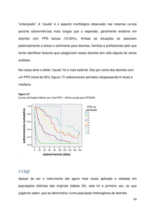 89
“antecipado”. A “cauda” é o aspecto morfológico observado nas mesmas curvas
perante sobrevivências mais longas que o esperado, geralmente evidente em
doentes com PPS baixas (10-20%). Ambas as situações se associam
potencialmente a stress e sofrimento para doentes, familías e profissionais pelo que
tentar identificar factores que categorizem esses doentes tem sido objecto de várias
análises.
Na nossa série o efeito “cauda” foi o mais saliente. Dez por cento dos doentes com
um PPS inicial de 20% (figura 17) sobreviveram períodos ultrapassando 6 vezes a
mediana.
Figura 17.
Curvas de Kaplan-Meier por nível PPS – efeito cauda para PPS20%
.
180160140120100806040200
sobrevivencia (dias)
1,0
0,8
0,6
0,4
0,2
0,0
sobrevivenciacumulativa
70-
censura
dos
60-
censura
dos
50-
censura
dos
40-
censura
dos
90
80
70
60
50
40
30
20
10
PPS na
admissão
2.3 PaP
Apesar de ser o instrumento até agora mais vezes aplicado e validado em
populações distintas das originais (tabela 34), esta foi a primeira vez, ao que
julgamos saber, que se demonstrou numa população heterogénea de doentes
 