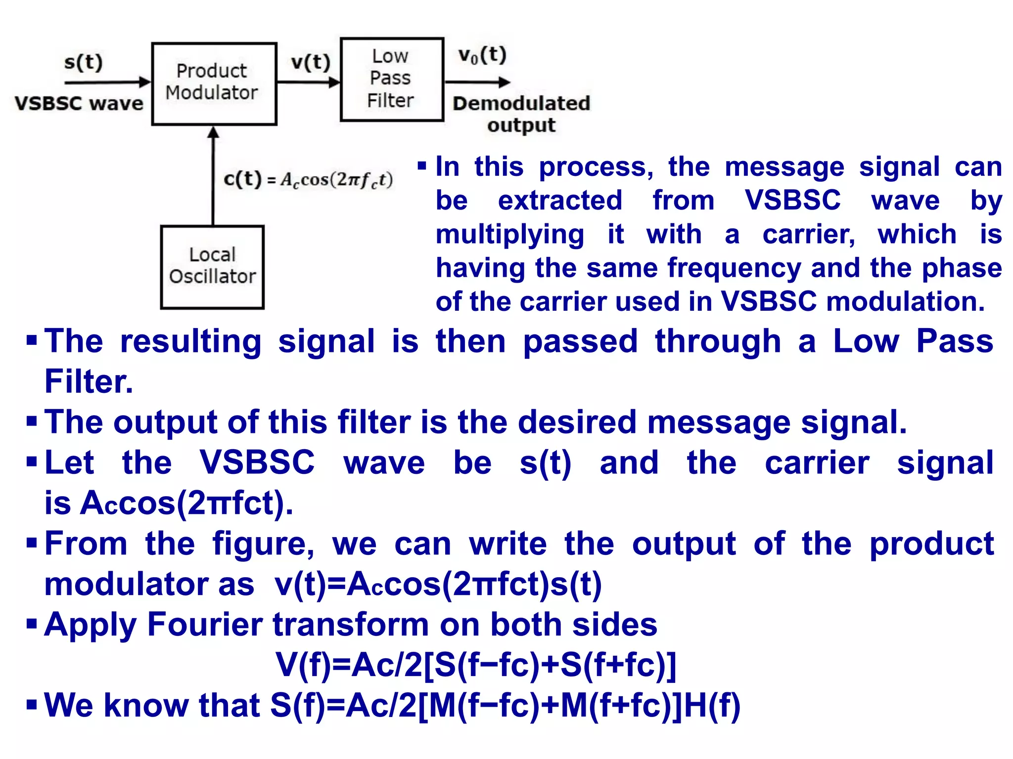 The resulting signal is then passed through a Low Pass
Filter.
The output of this filter is the desired message signal.
Let the VSBSC wave be s(t) and the carrier signal
is Accos(2πfct).
From the figure, we can write the output of the product
modulator as v(t)=Accos(2πfct)s(t)
Apply Fourier transform on both sides
V(f)=Ac/2[S(f−fc)+S(f+fc)]
We know that S(f)=Ac/2[M(f−fc)+M(f+fc)]H(f)
 In this process, the message signal can
be extracted from VSBSC wave by
multiplying it with a carrier, which is
having the same frequency and the phase
of the carrier used in VSBSC modulation.
 