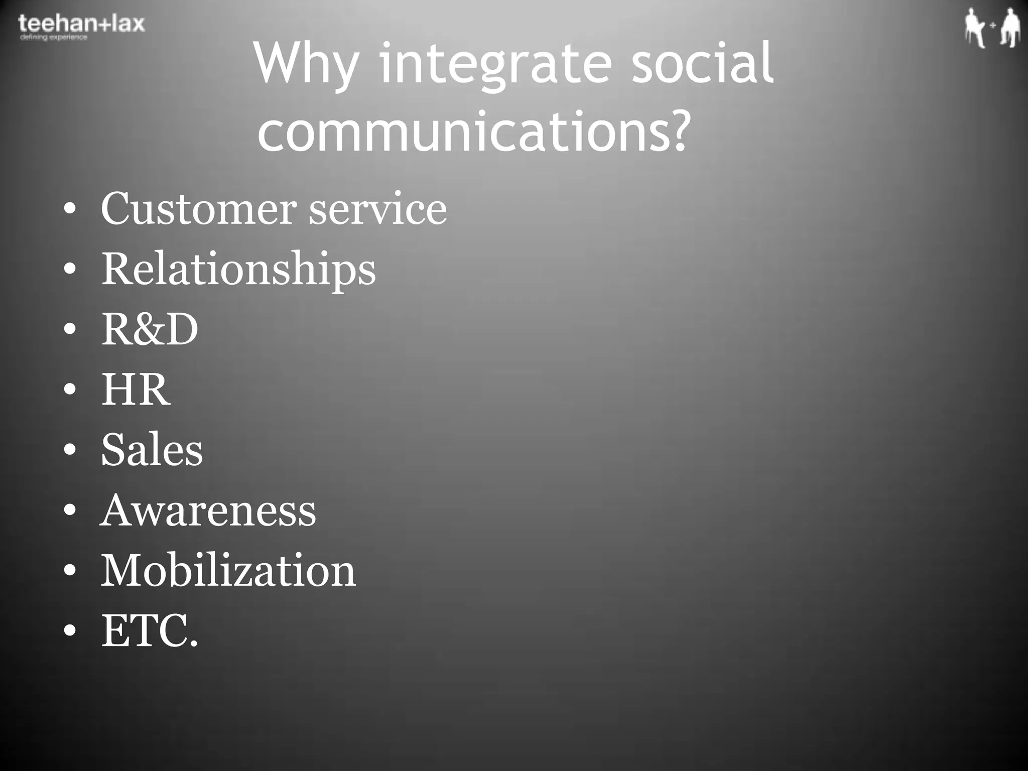 Why integrate social communications?		Customer serviceRelationshipsR&DHRSalesAwarenessMobilizationETC.