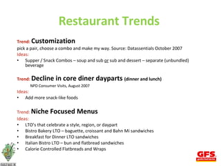 Restaurant Trends  Trend:  Customization  pick a pair, choose a combo and make my way. Source: Datassentials October 2007 Ideas:  Supper / Snack Combos – soup and sub  or  sub and dessert – separate (unbundled) beverage  Trend:  Decline in core diner dayparts  (dinner and lunch)  NPD Consumer Visits, August 2007 Ideas:  Add more snack-like foods Trend:  Niche Focused Menus Ideas:  LTO’s that celebrate a style, region, or daypart Bistro Bakery LTO – baguette, croissant and Bahn Mi sandwiches  Breakfast for Dinner LTO sandwiches  Italian Bistro LTO – bun and flatbread sandwiches  Calorie Controlled Flatbreads and Wraps  