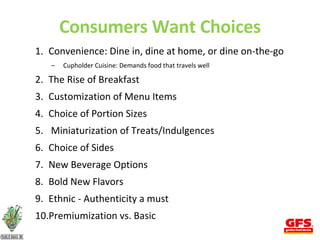 Consumers Want Choices Convenience: Dine in, dine at home, or dine on-the-go Cupholder Cuisine: Demands food that travels well The Rise of Breakfast Customization of Menu Items Choice of Portion Sizes Miniaturization of Treats/Indulgences Choice of Sides New Beverage Options Bold New Flavors Ethnic - Authenticity a must Premiumization vs. Basic 