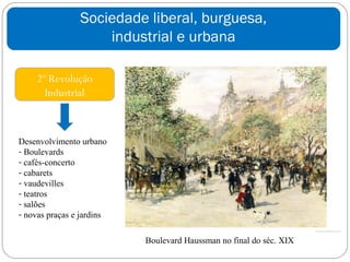 Sociedade liberal, burguesa,
                    industrial e urbana

     2º Revolução
       Industrial



Desenvolvimento urbano
- Boulevards
- cafés-concerto
- cabarets
- vaudevilles
- teatros
- salões
- novas praças e jardins


                           Boulevard Haussman no final do séc. XIX
 
