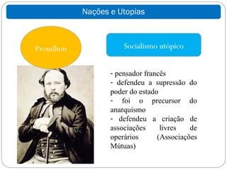 Nações e Utopias



Proudhon              Socialismo utópico


                  - pensador francês
                  - defendeu a supressão do
                  poder do estado
                  - foi o precursor do
                  anarquismo
                  - defendeu a criação de
                  associações     livres   de
                  operários      (Associações
                  Mútuas)
 