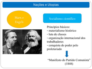 Nações e Utopias


Marx e             Socialismo científico
Engels
                 Princípios básicos:
                 - materialismo histórico
                 - luta de classes
                 - organização internacional dos
                 trabalhadores
                 - conquista do poder pelo
                 proletariado


                  “Manifesto do Partido Comunista”
                               (1848)
 