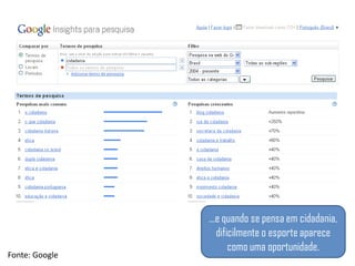 ...e quando se pensa em cidadania,
                   dificilmente o esporte aparece
                       como uma oportunidade.
Fonte: Google
 