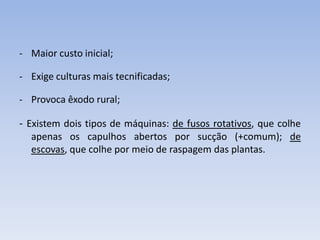 - Maior custo inicial;
- Exige culturas mais tecnificadas;
- Provoca êxodo rural;
- Existem dois tipos de máquinas: de fusos rotativos, que colhe
apenas os capulhos abertos por sucção (+comum); de
escovas, que colhe por meio de raspagem das plantas.
 