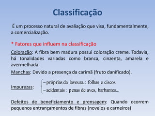 É um processo natural de avaliação que visa, fundamentalmente,
a comercialização.
* Fatores que influem na classificação
Coloração: A fibra bem madura possui coloração creme. Todavia,
há tonalidades variadas como branca, cinzenta, amarela e
avermelhada.
Manchas: Devido a presença da carimã (fruto danificado).
Impurezas:
Defeitos de beneficiamento e prensagem: Quando ocorrem
pequenos entrançamentos de fibras (novelos e carneiros)
Classificação





.
..
barbantes
aves,
de
penas
:
acidentais
ciscos
e
folhas
:
lavoura.
da
próprias
 