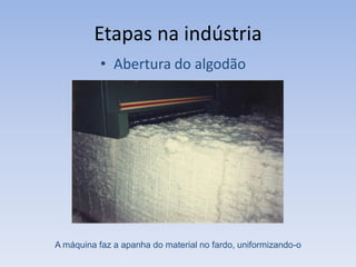 Etapas na indústria
• Abertura do algodão
A máquina faz a apanha do material no fardo, uniformizando-o
 