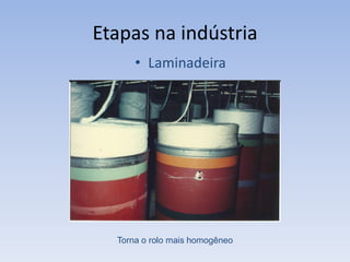 Etapas na indústria
• Laminadeira
Torna o rolo mais homogêneo
 