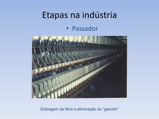 Etapas na indústria
• Passador
Estiragem da fibra e eliminação do “gancho”
 