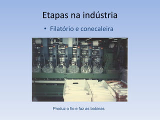 Etapas na indústria
• Filatório e conecaleira
Produz o fio e faz as bobinas
 
