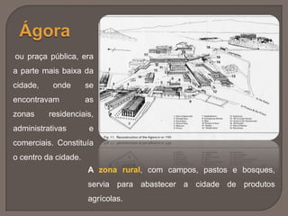 ou praça pública, era
a parte mais baixa da
cidade, onde se
encontravam as
zonas residenciais,
administrativas e
comerciais. Constituía
o centro da cidade.
A zona rural, com campos, pastos e bosques,
servia para abastecer a cidade de produtos
agrícolas.
 
