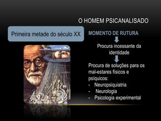 O HOMEM PSICANALISADO

Primeira metade do século XX   MOMENTO DE RUTURA

                                   Procura incessante da
                                        identidade

                               Procura de soluções para os
                               mal-estares físicos e
                               psíquicos:
                               - Neuropsiquiatria
                               - Neurologia
                               - Psicologia experimental
 