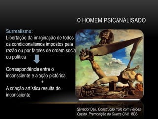 O HOMEM PSICANALISADO
Surrealismo:
Libertação da imaginação de todos
os condicionalismos impostos pela
razão ou por fatores de ordem social
ou política

Correspondência entre o
inconsciente e a ação pictórica
                    +
A criação artística resulta do
inconsciente

                                       Salvador Dali, Construção mole com Feijões
                                       Cozido. Premonição da Guerra Civil, 1936
 