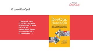 DevOps
AGILE
O que é DevOps?
" DEVOPS É UMA
CULTURA QUE VISA
REPENSAR A FORMA
EM QUE AS
DIFERENTES ÁREAS
SE COMUNICAM E
COLABORAM … "
 