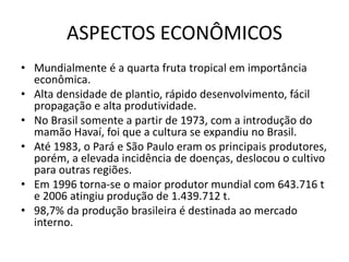 ASPECTOS ECONÔMICOS
• Mundialmente é a quarta fruta tropical em importância
econômica.
• Alta densidade de plantio, rápido desenvolvimento, fácil
propagação e alta produtividade.
• No Brasil somente a partir de 1973, com a introdução do
mamão Havaí, foi que a cultura se expandiu no Brasil.
• Até 1983, o Pará e São Paulo eram os principais produtores,
porém, a elevada incidência de doenças, deslocou o cultivo
para outras regiões.
• Em 1996 torna-se o maior produtor mundial com 643.716 t
e 2006 atingiu produção de 1.439.712 t.
• 98,7% da produção brasileira é destinada ao mercado
interno.
 