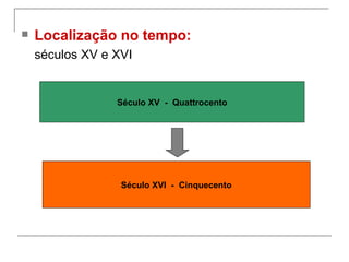    Localização no tempo:
    séculos XV e XVI


                 Século XV - Quattrocento




                  Século XVI - Cinquecento
 