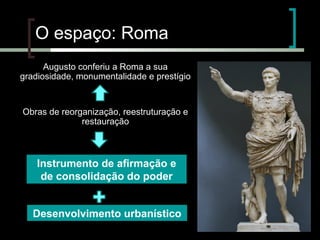 O espaço: Roma
Augusto conferiu a Roma a sua
gradiosidade, monumentalidade e prestígio

Obras de reorganização, reestruturação e
restauração

Instrumento de afirmação e
de consolidação do poder
Desenvolvimento urbanístico

 