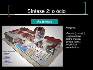 Síntese 2: o ócio
As termas
Funções:
-Sociais (convívio)
-Lúdicas (lojas,
teatro, música,
poesia, jogos)
-Higiénicas
-terapêuticas

 