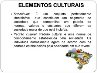 ELEMENTOS CULTURAIS
 Subcultura: É um conjunto perfeitamente
identificável, que constituem um segmento da
sociedade que compartilha um padrão de
normas, valores e costumes que diferem da
sociedade maior do que está incluída.
 Padrão cultural: Padrão cultural é uma norma de
comportamento estabelecida pela sociedade. Os
indivíduos normalmente agem de acordo com os
padrões estabelecidos pela sociedade em que vivem.
 