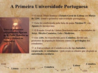 A Primeira Universidade Portuguesa O rei D. Dinis fundou o  Estudo Geral de Lisboa  em  Março de 1290 , sendo a primeira universidade portuguesa. Esta foi confirmada pela bula do papa  Nicolau IV , em  Agosto  do mesmo ano. O Estudo Geral de Lisboa funcionou com as faculdades de  Artes ,  Direito Canónico ,  Leis  e  Medicina. Em  1308 , foi transferida para  Coimbra , devido aos protestos da população lisboeta contra os  privilégios  dos estudantes. A Universidade de Coimbra era do tipo  bolonhês  –  corporação  de  estudantes  – pois eram os alunos que elegiam as  autoridades escolares . 1348 Lisboa 1354 Coimbra 1377 Lisboa 1537 Coimbra Entre as primeiras universidades figuram as de Paris, Bolonha na Itália, e Oxford na Inglaterra.  