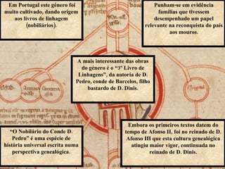 Em Portugal este género foi muito cultivado, dando origem aos livros de linhagem (nobiliários). Punham-se em evidência famílias que tivessem desempenhado um papel relevante na reconquista do país aos mouros. “ O Nobilário do Conde D. Pedro” é uma espécie de história universal escrita numa perspectiva genealógica. A mais interessante das obras do género é o “3º Livro de Linhagens”, da autoria de D. Pedro, conde de Barcelos, filho bastardo de D. Dinis. Embora os primeiros textos datem do tempo de Afonso II, foi no reinado de D. Afonso III que esta cultura genealógica atingiu maior vigor, continuada no reinado de D. Dinis. 