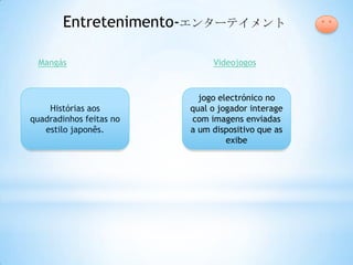 Entretenimento-エンターテイメント

 Mangás                       Videojogos


                           jogo electrónico no
    Histórias aos        qual o jogador interage
quadradinhos feitas no   com imagens enviadas
   estilo japonês.       a um dispositivo que as
                                  exibe
 