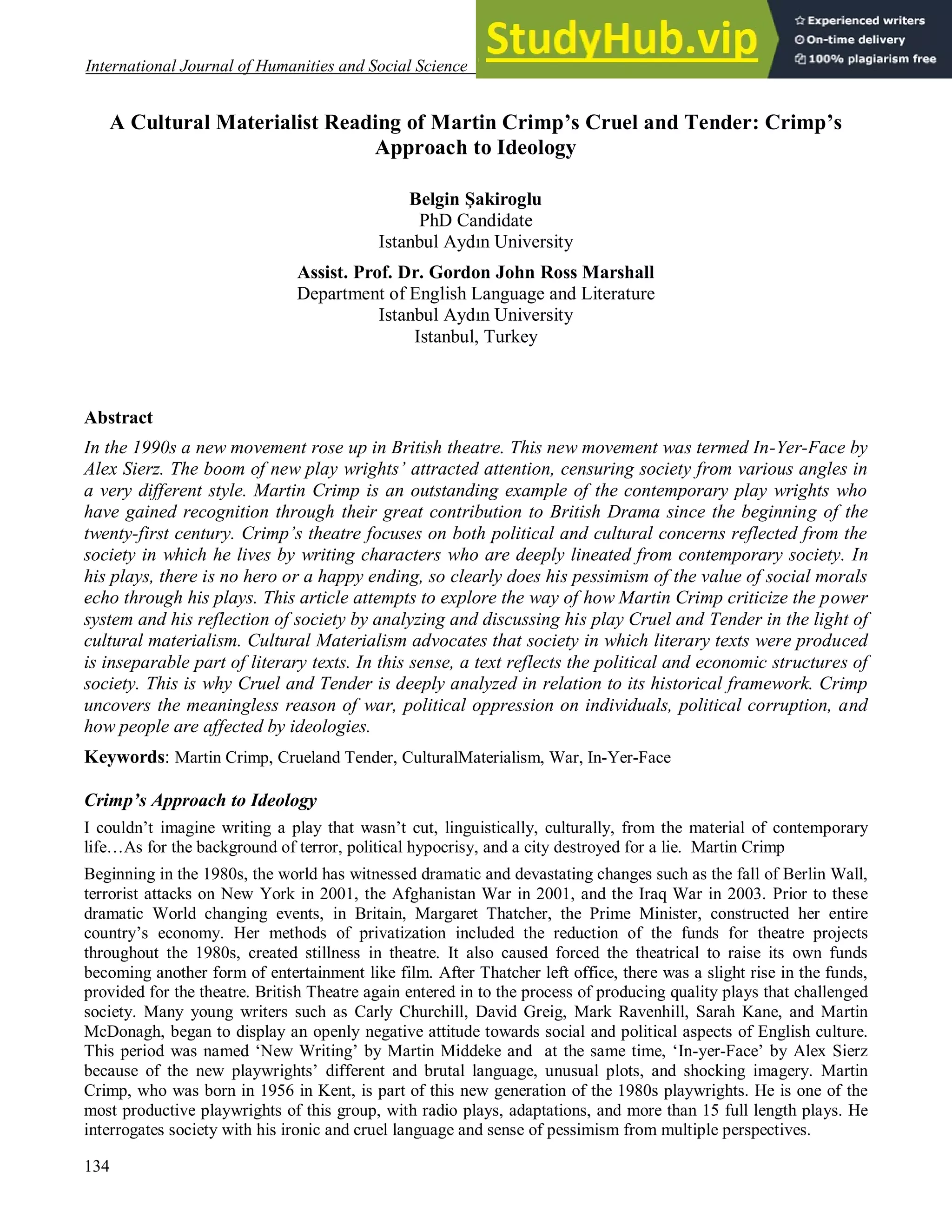 A Cultural Materialist Reading Of Martin Crimp S Cruel And Tender Crimp