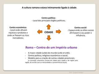 A cultura romana estava intimamente ligada à cidade.

Centro político:
- Local dos principais órgãos políticos;
Centro económico:
- Local onde afluíam
riquezas e produtos e
onde se fixavam os ricos
mercadores;

CIDADE

Centro social:
- Espaço onde as elites sociais
afirmavam o seu poder e
influência;

Roma – Centro de um Império urbano
-

A maior cidade (urbe) do mundo (urbe et orbi);
Centro político, religioso económico e social;
Modelo para a criação de outras cidades provinciais;

(a conceção urbanística variava de cidade para cidade e de região para
região, de acordo com as necessidades e características locais).

Prof. Susana Simões

 