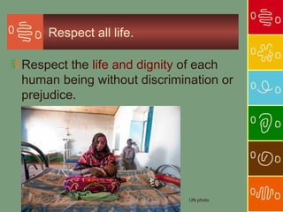 Respect all life.

Respect the life and dignity of each
human being without discrimination or
prejudice.




                             UN photo
 
