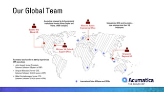 Our Global Team
Acumatica is owned by its founders and
institutional investor Almaz Capital and
Visma, a KKR company

Seattle, WA:
Global HQ

Moscow, Russia:
Engineering Office

Sales started 2010, and Acumatica
now employs more than 100
employees

McLean, VA: Sales &
Support Office
Singapore:
Regional HQ
Acumatica was founded in 2007 by experienced
ERP executives:
•  John Howell, former President,
Solomon Software (30 years in ERP)
•  Serguei Beloussov, former CEO,
Solomon Software SEA (16 years in ERP)
•  Mike Chtchelkonogov, former CTO,
Solomon Software SEA (16 years in ERP)
International Sales Affiliates and OEMs

 