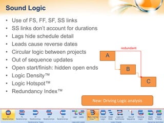 Sound Logic
   •       Use of FS, FF, SF, SS links
   •       SS links don’t account for durations
   •       Lags hide schedule detail
   •       Leads cause reverse dates
                                                           redundant
   •       Circular logic between projects
                                                   A
   •       Out of sequence updates
   •       Open start/finish: hidden open ends                B
   •       Logic Density™
   •       Logic Hotspot™                                                 C
   •       Redundancy Index™
                                            New: Driving Logic analysis



5/8/2012                                                                      14
 