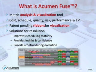 What is Acumen Fuse™?Metric analysis & visualization toolCost, schedule, quality, risk, performance & EVPatent pending ribbonsfor visualizationSolutions for resolutionImproves scheduling maturityProvides insight & confidenceProvides control during execution