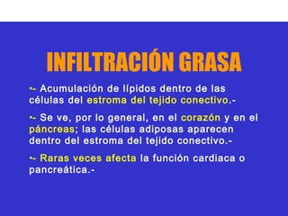 INFILTRACIÓN GRASA
•- Acumulación de lípidos dentro de las
células del estroma del tejido conectivo .-
•- Se ve, por lo general, en el corazón y en el
páncreas; las células adiposas aparecen
dentro del estroma del tejido conectivo.-
•- Raras veces afecta la función cardiaca o
pancreática.-
 