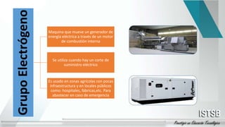 Grupo
Electrógeno Maquina que mueve un generador de
energía eléctrica a través de un motor
de combustión interna
Se utiliza cuando hay un corte de
suministro eléctrico
Es usado en zonas agrícolas con pocas
infraestructura y en locales públicos
como: hospitales, fábricas,etc. Para
abastecer en caso de emergencia
 